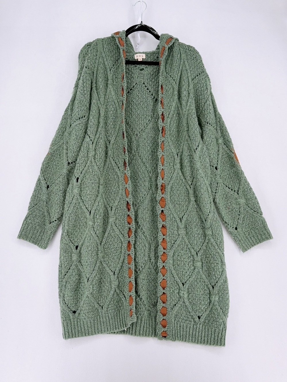POL Cable Knit Hooded Cardigan Sweater Green L - Picture 2 of 8